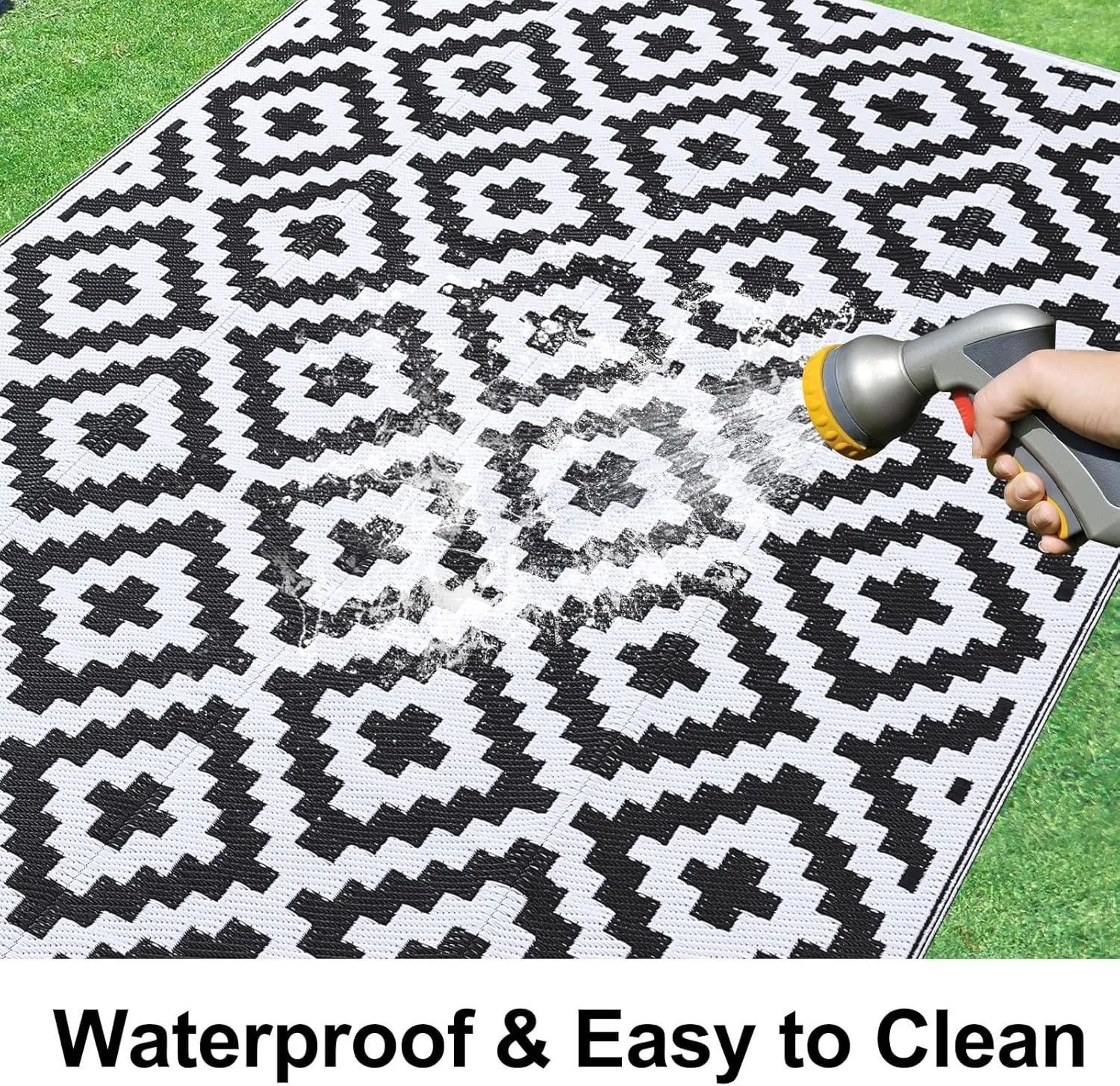 Smiry Waterproof Outdoor Rug 5x8 ft, Reversible Plastic Straw Patio Camping Rugs, Outdoor Indoor RV Mat Carpet for Patio, Outside Entry, Backyard, Deck, Bench, Picnic, Camper, Black & White
