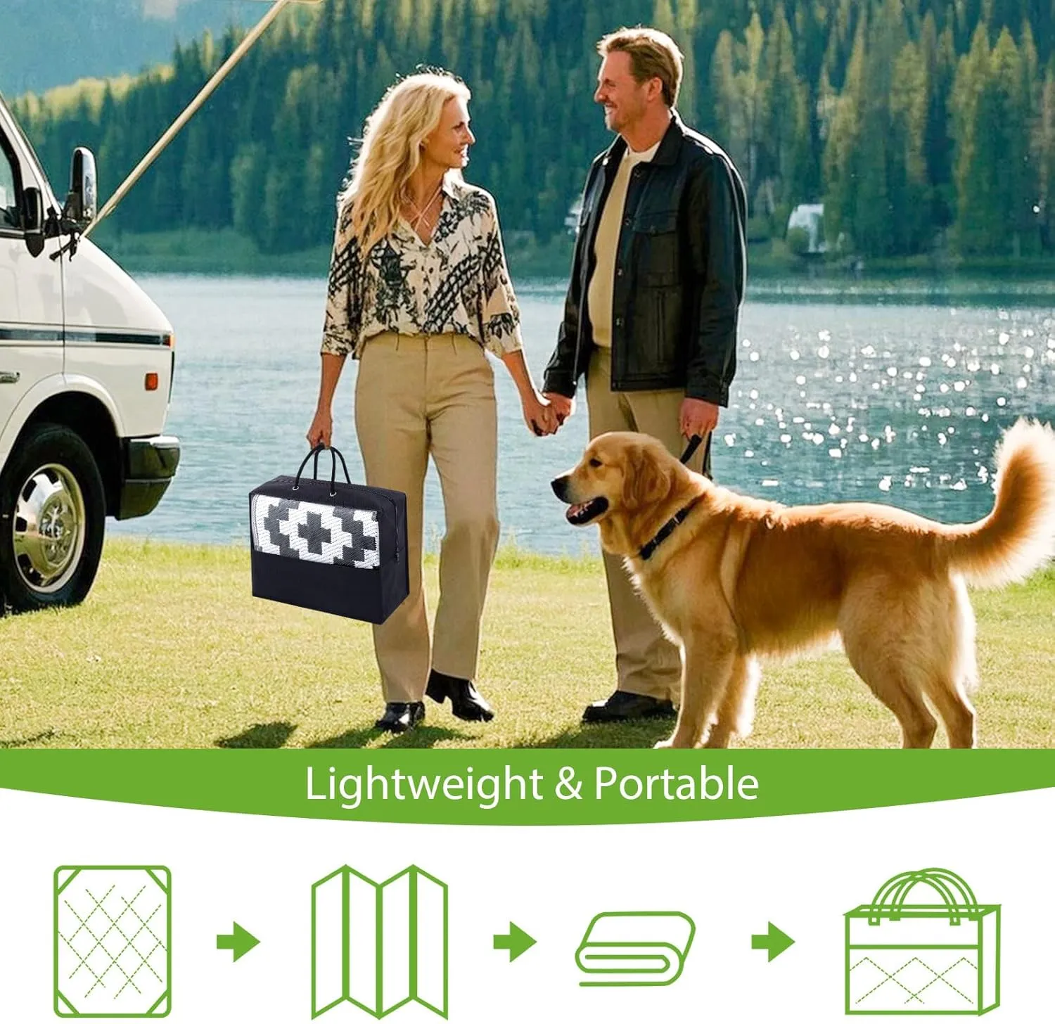 Smiry Waterproof Outdoor Rug 5x8 ft, Reversible Plastic Straw Patio Camping Rugs, Outdoor Indoor RV Mat Carpet for Patio, Outside Entry, Backyard, Deck, Bench, Picnic, Camper, Black & White