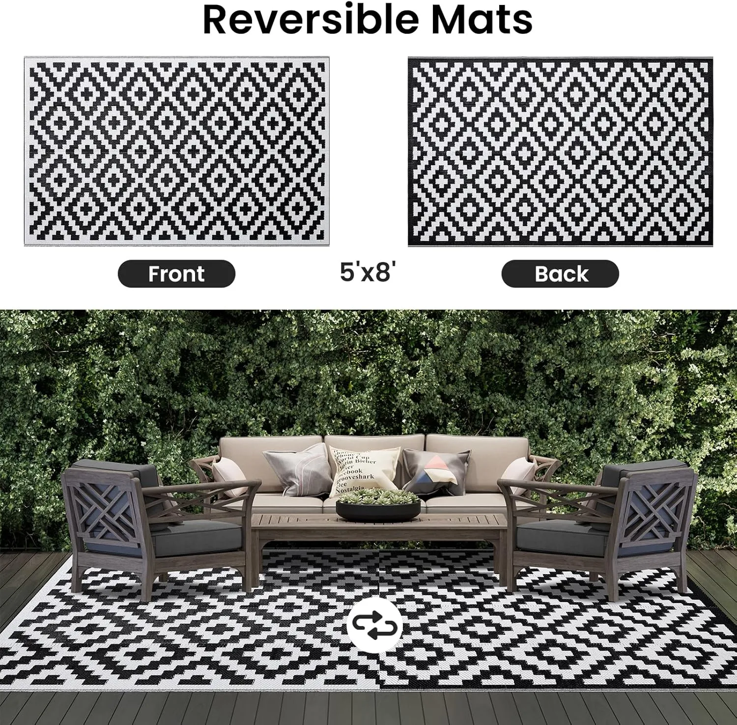 Smiry Waterproof Outdoor Rug 5x8 ft, Reversible Plastic Straw Patio Camping Rugs, Outdoor Indoor RV Mat Carpet for Patio, Outside Entry, Backyard, Deck, Bench, Picnic, Camper, Black & White