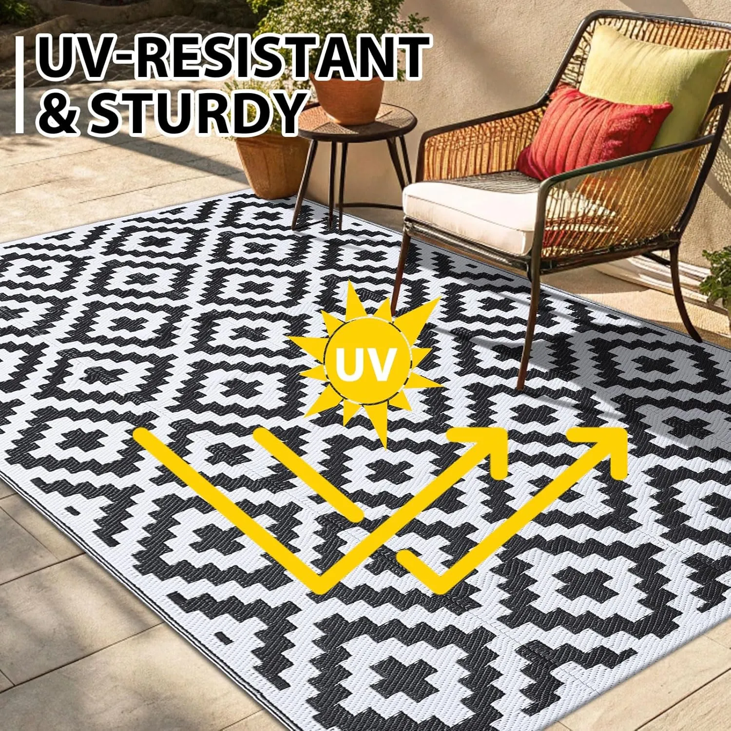 Smiry Waterproof Outdoor Rug 5x8 ft, Reversible Plastic Straw Patio Camping Rugs, Outdoor Indoor RV Mat Carpet for Patio, Outside Entry, Backyard, Deck, Bench, Picnic, Camper, Black & White