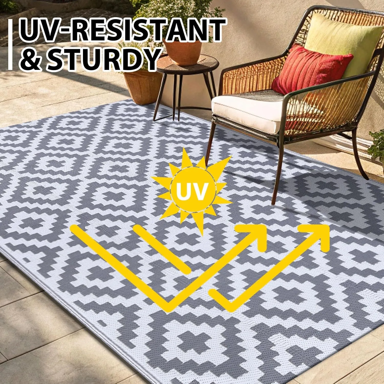 Smiry Waterproof Outdoor Rug 5x8 ft, Reversible Plastic Straw Patio Camping Rugs, Outdoor Indoor RV Mat Carpet for Patio, Outside Entry, Backyard, Deck, Bench, Picnic, Camper, White & Grey