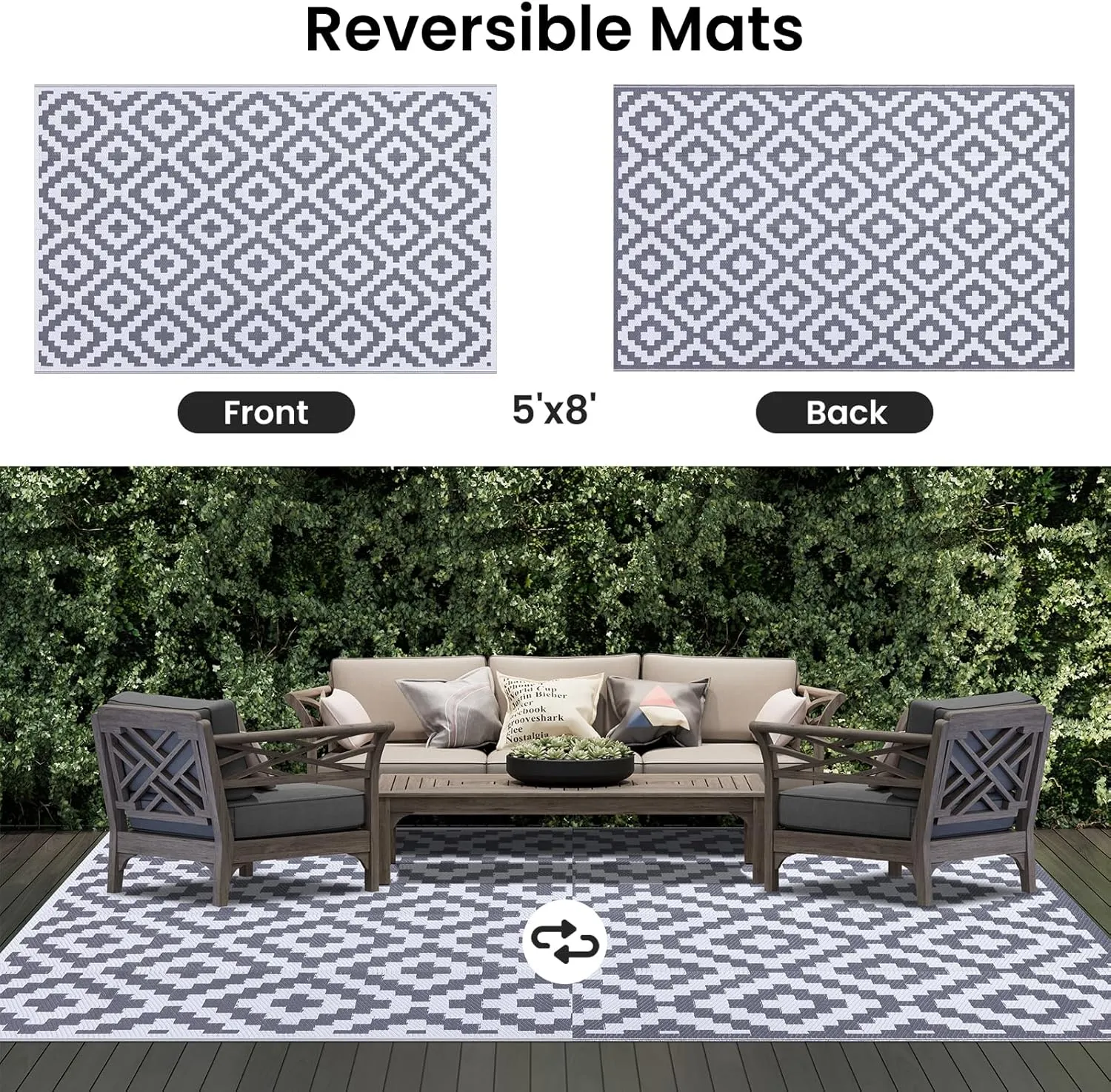 Smiry Waterproof Outdoor Rug 5x8 ft, Reversible Plastic Straw Patio Camping Rugs, Outdoor Indoor RV Mat Carpet for Patio, Outside Entry, Backyard, Deck, Bench, Picnic, Camper, White & Grey