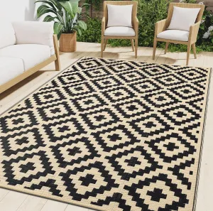 Smiry Waterproof Outdoor Rug 6x9 ft, Reversible Plastic Straw Patio Camping Rugs, Outdoor Indoor RV Mat Carpet for Patio, Outside Entry, Backyard, Deck, Bench, Picnic, Camper, Black & Beige
