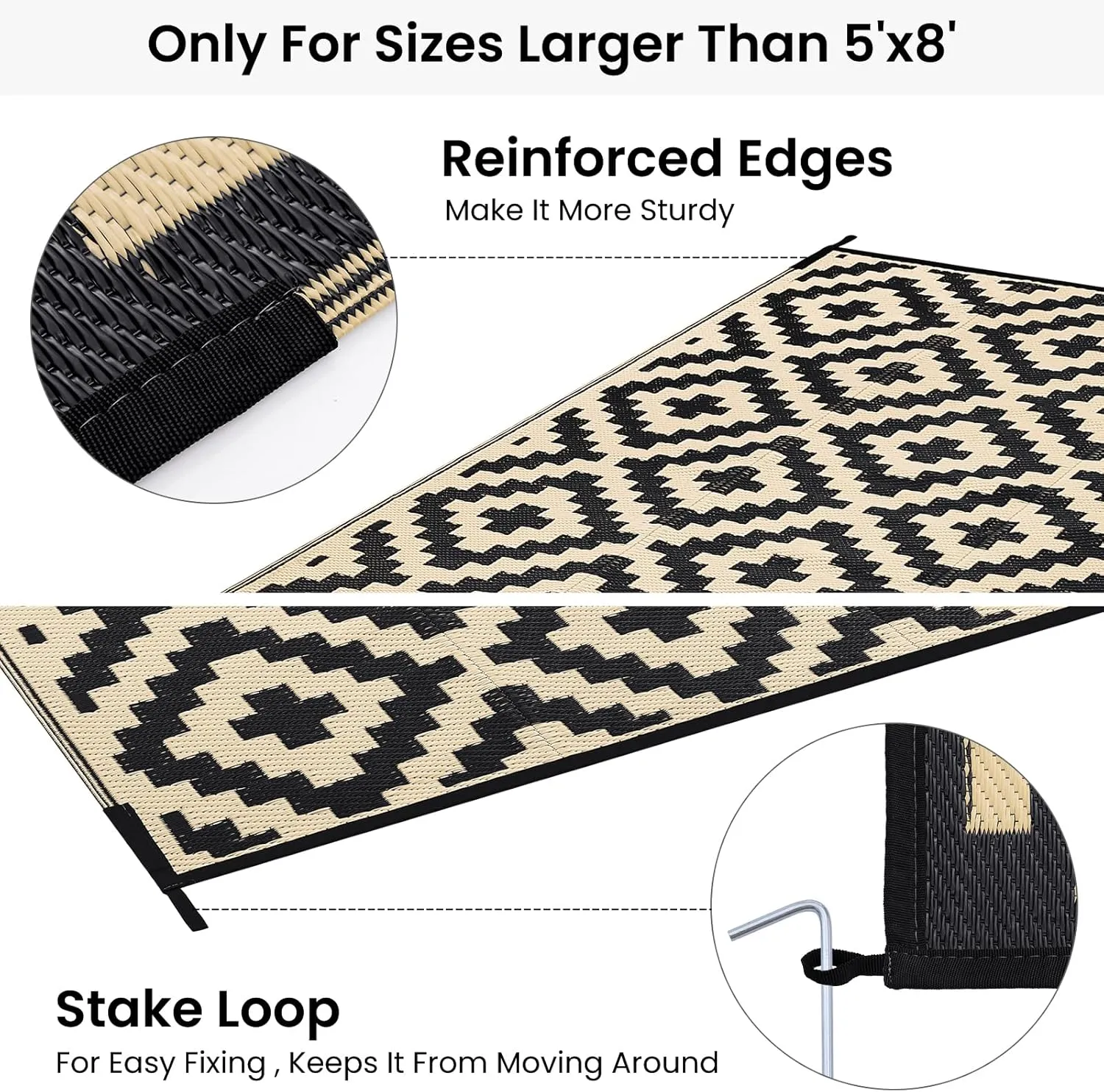 Smiry Waterproof Outdoor Rug 6x9 ft, Reversible Plastic Straw Patio Camping Rugs, Outdoor Indoor RV Mat Carpet for Patio, Outside Entry, Backyard, Deck, Bench, Picnic, Camper, Black & Beige
