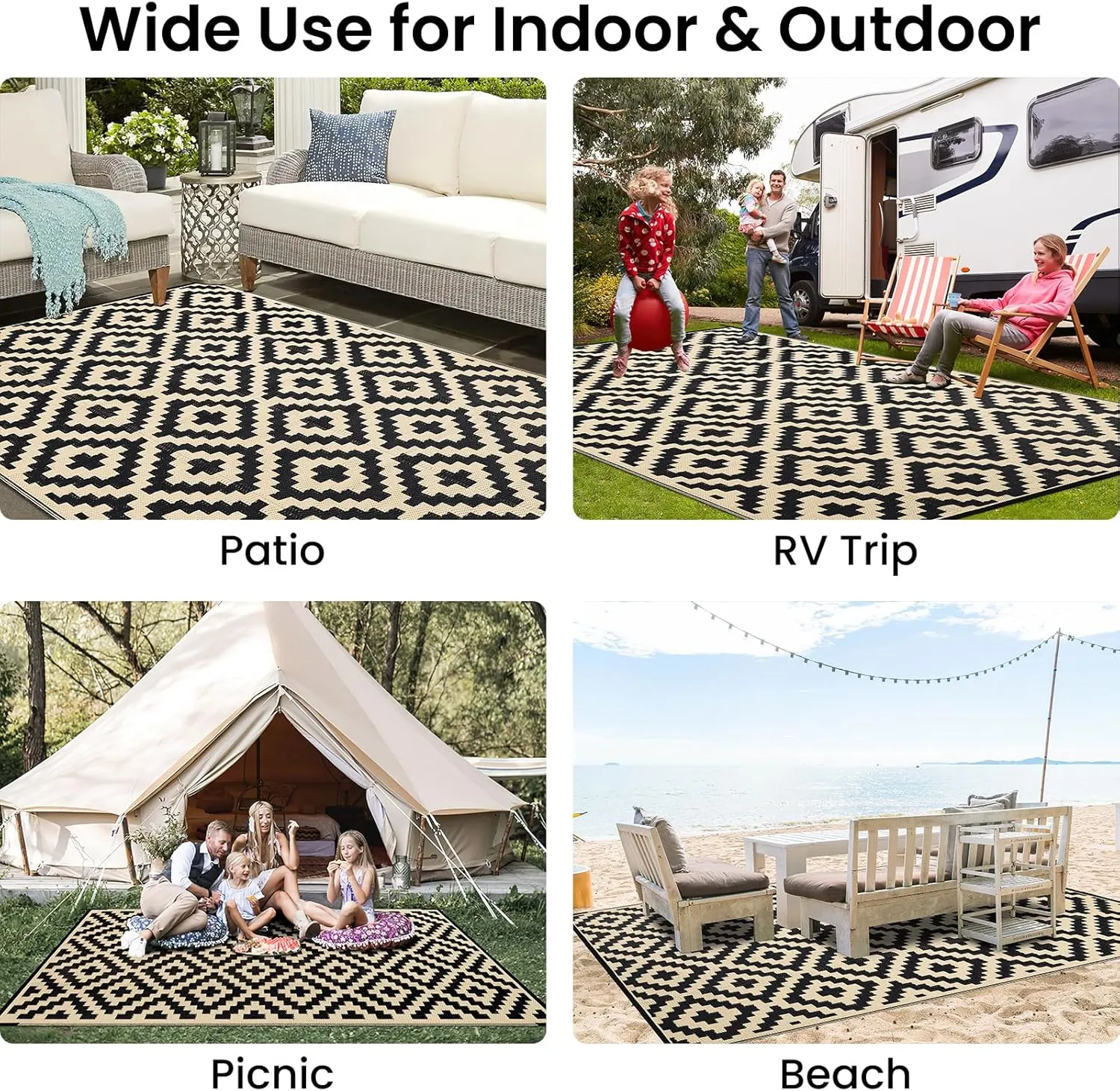 Smiry Waterproof Outdoor Rug 6x9 ft, Reversible Plastic Straw Patio Camping Rugs, Outdoor Indoor RV Mat Carpet for Patio, Outside Entry, Backyard, Deck, Bench, Picnic, Camper, Black & Beige