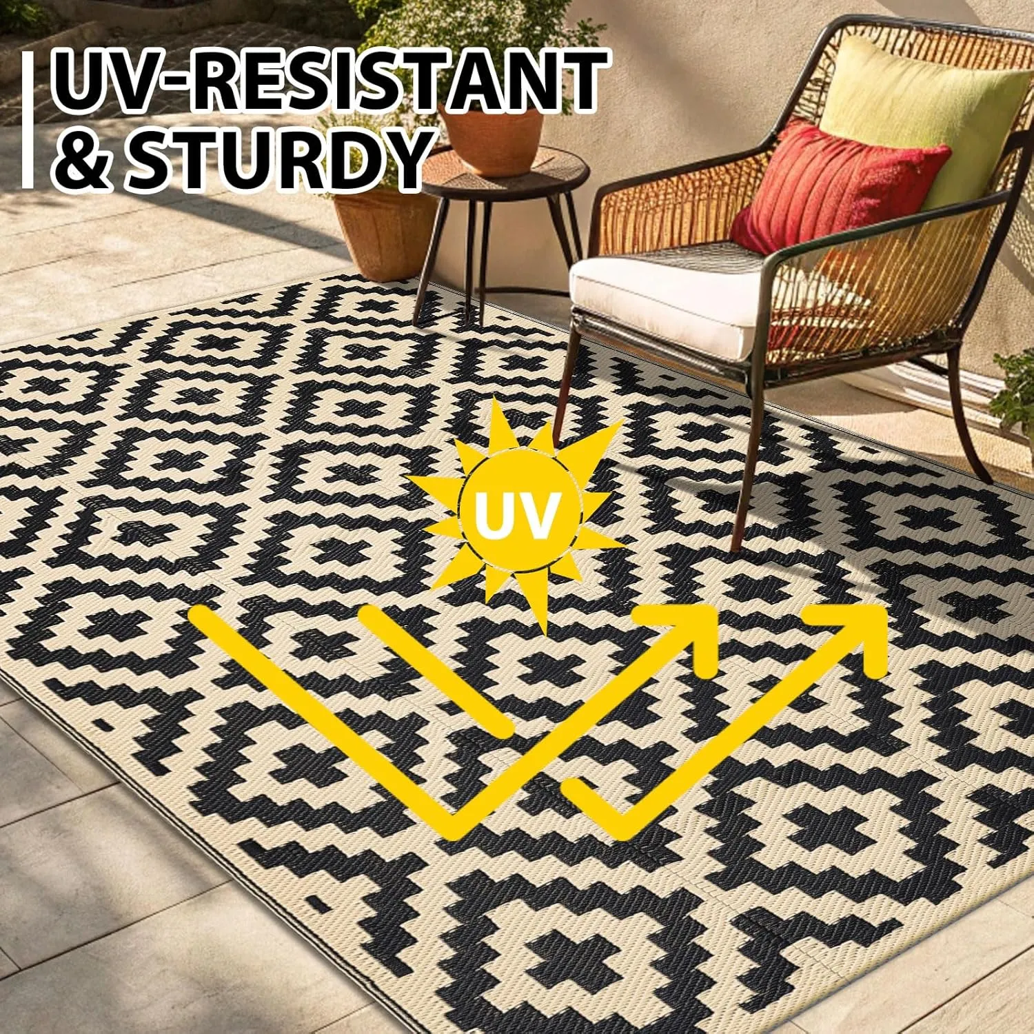 Smiry Waterproof Outdoor Rug 6x9 ft, Reversible Plastic Straw Patio Camping Rugs, Outdoor Indoor RV Mat Carpet for Patio, Outside Entry, Backyard, Deck, Bench, Picnic, Camper, Black & Beige