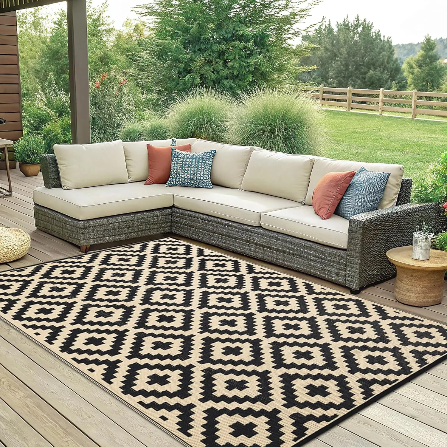 Smiry Waterproof Outdoor Rug 6x9 ft, Reversible Plastic Straw Patio Camping Rugs, Outdoor Indoor RV Mat Carpet for Patio, Outside Entry, Backyard, Deck, Bench, Picnic, Camper, Black & Beige