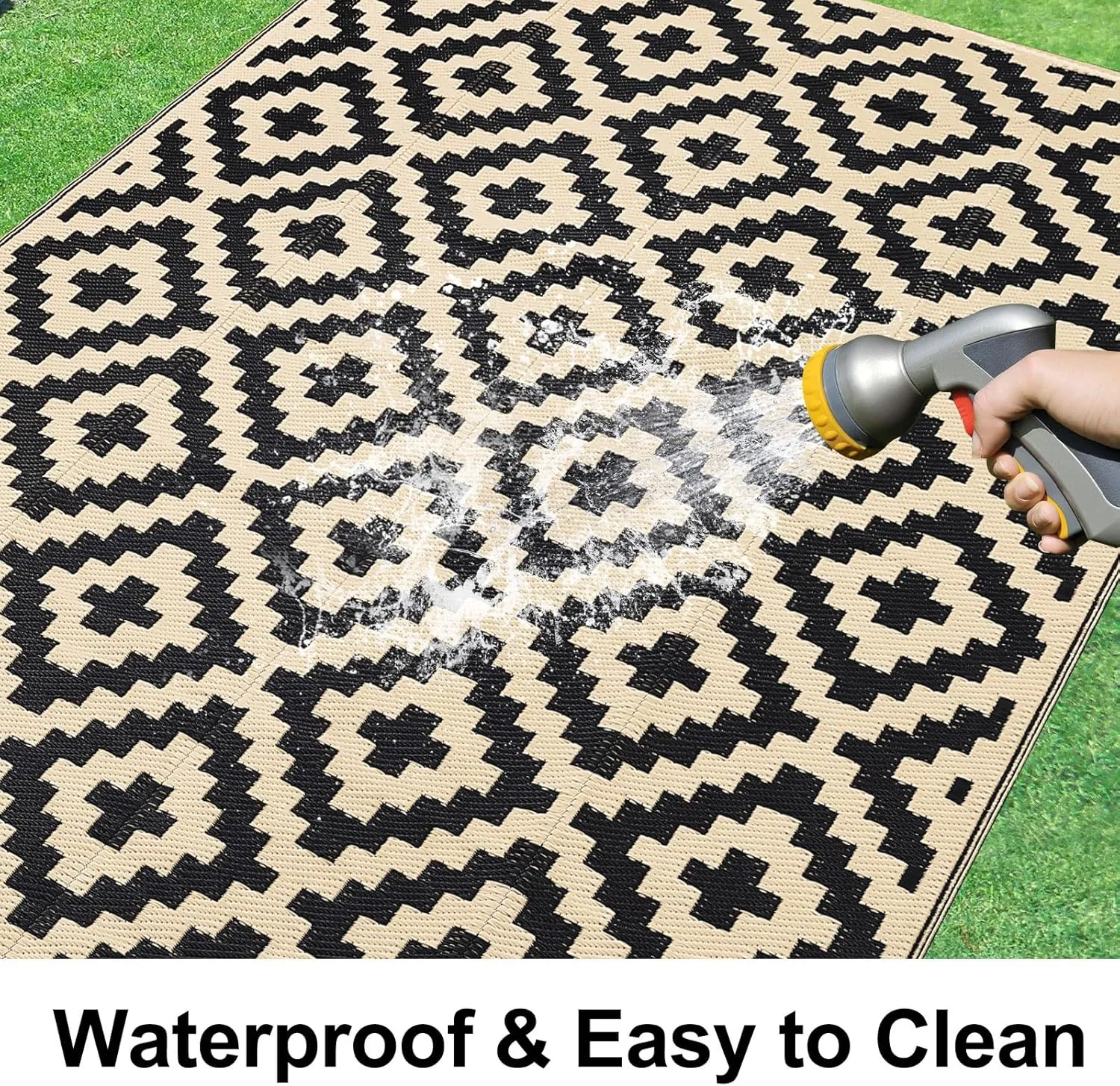 Smiry Waterproof Outdoor Rug 6x9 ft, Reversible Plastic Straw Patio Camping Rugs, Outdoor Indoor RV Mat Carpet for Patio, Outside Entry, Backyard, Deck, Bench, Picnic, Camper, Black & Beige