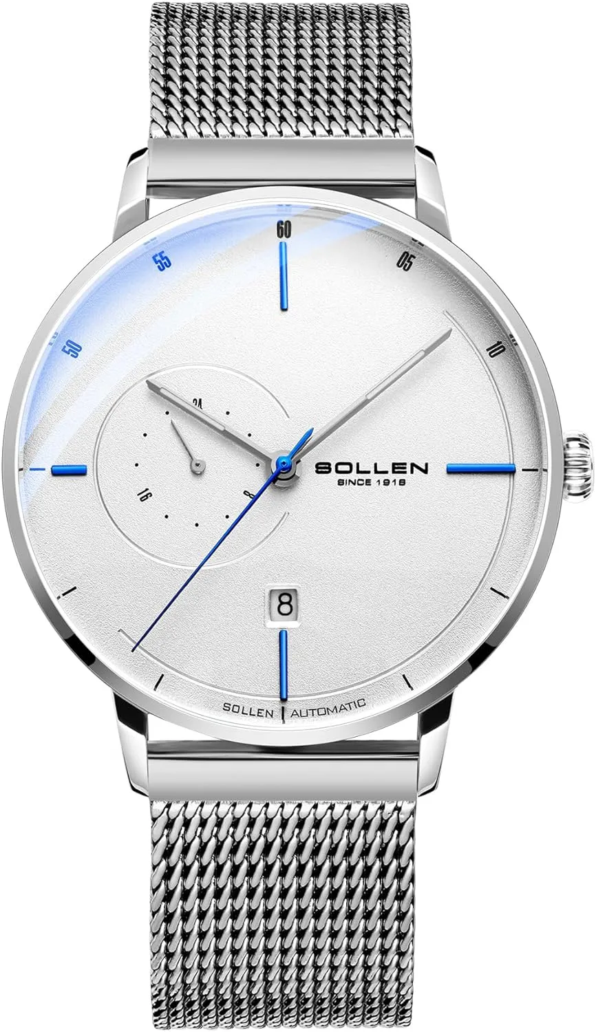 SOLLEN Men's Automatic Watches - Original Mechanical Movement, Mineral Crystal, 3 ATM Water Resistant, Stainless Steel Case, Date Display & Luminous Hands, Minimalist Self-Winding Watch, Gift for Male