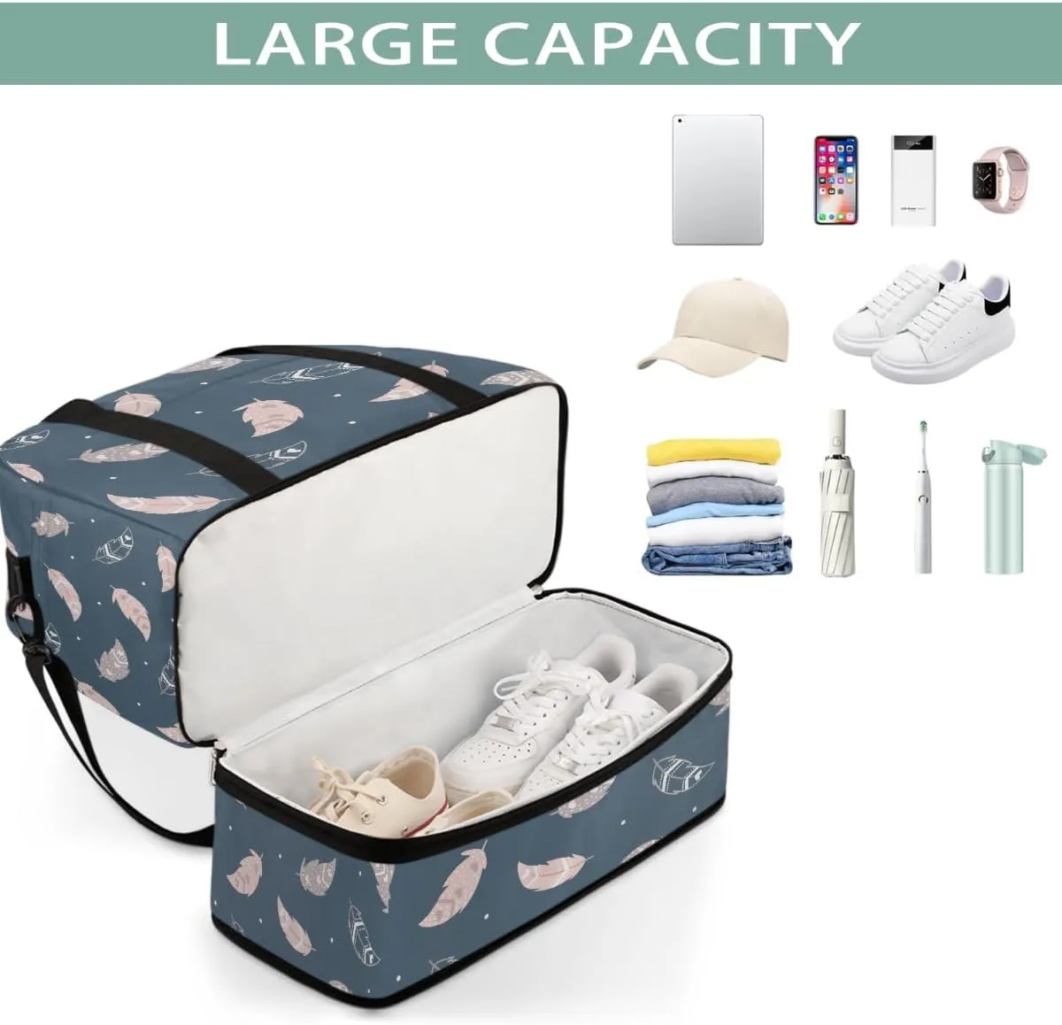 Sports Gym Bag Feather Blue Pink Large Travel Duffel Bag With Shoe Compartment Foldable Waterproof Carry-On Weekend Travel Bags for Camping Overnight Yoga Hospital Travel Bags