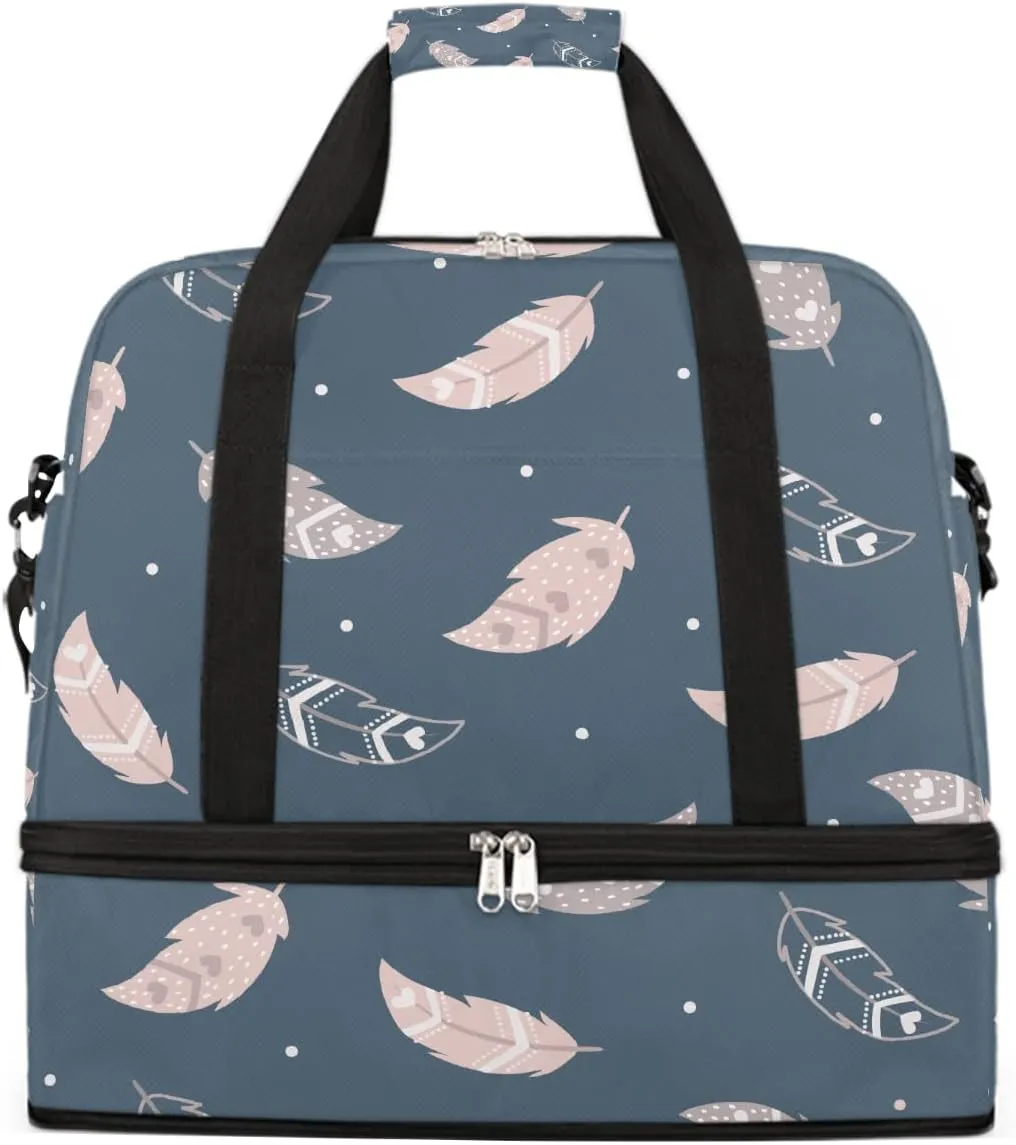 Sports Gym Bag Feather Blue Pink Large Travel Duffel Bag With Shoe Compartment Foldable Waterproof Carry-On Weekend Travel Bags for Camping Overnight Yoga Hospital Travel Bags