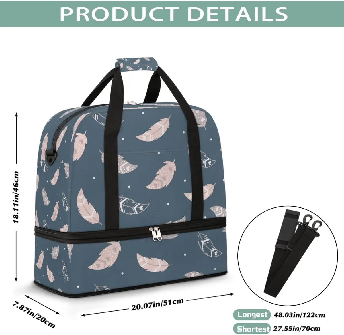 Sports Gym Bag Feather Blue Pink Large Travel Duffel Bag With Shoe Compartment Foldable Waterproof Carry-On Weekend Travel Bags for Camping Overnight Yoga Hospital Travel Bags