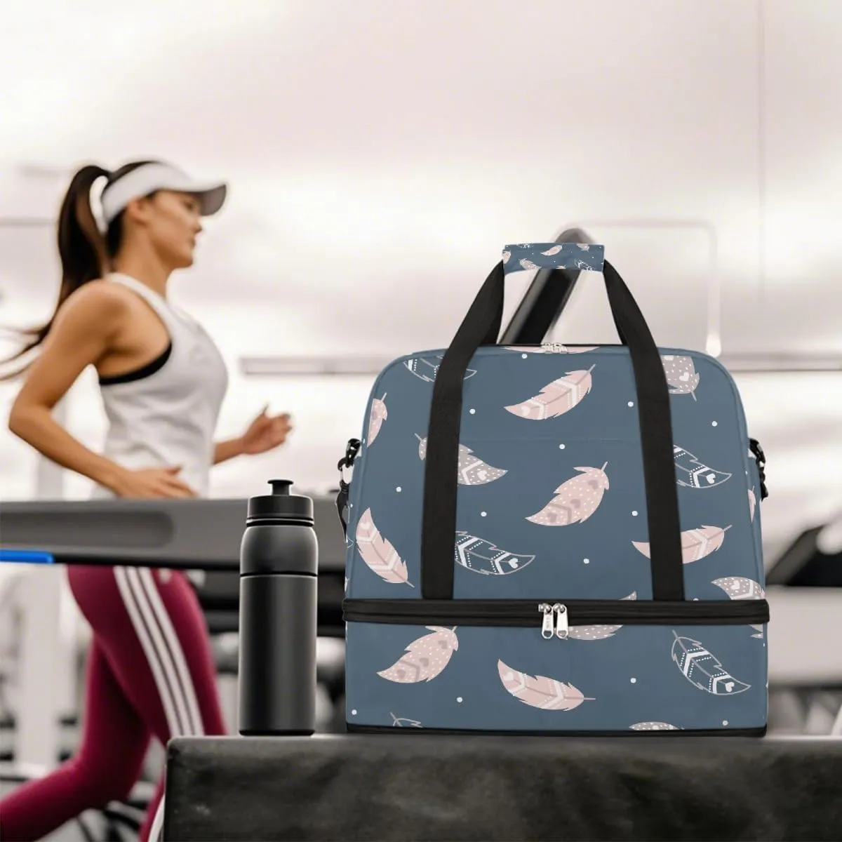 Sports Gym Bag Feather Blue Pink Large Travel Duffel Bag With Shoe Compartment Foldable Waterproof Carry-On Weekend Travel Bags for Camping Overnight Yoga Hospital Travel Bags