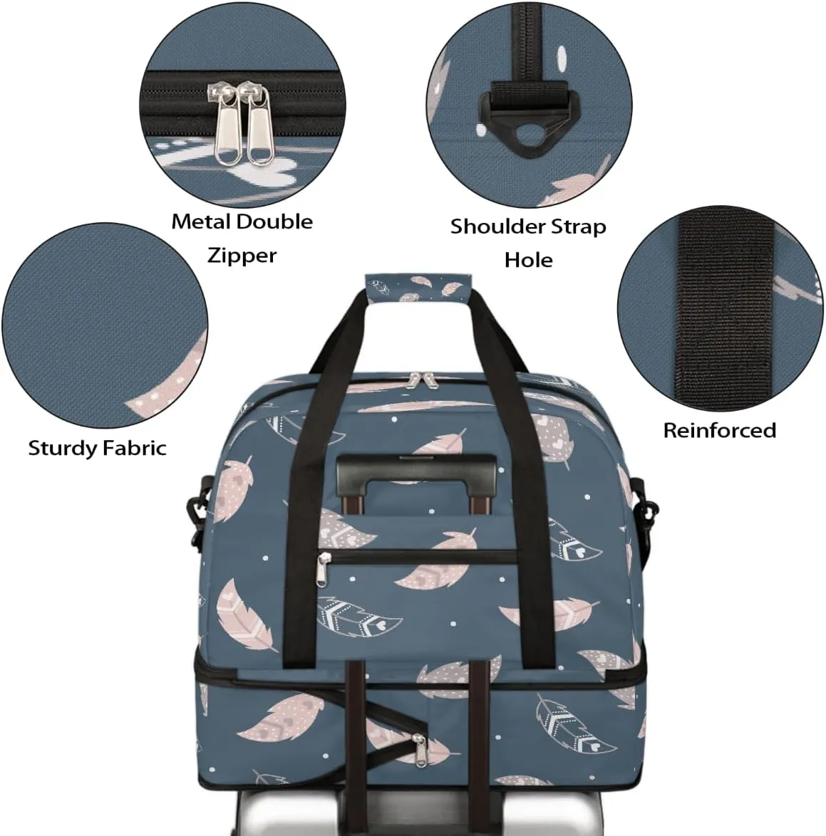 Sports Gym Bag Feather Blue Pink Large Travel Duffel Bag With Shoe Compartment Foldable Waterproof Carry-On Weekend Travel Bags for Camping Overnight Yoga Hospital Travel Bags