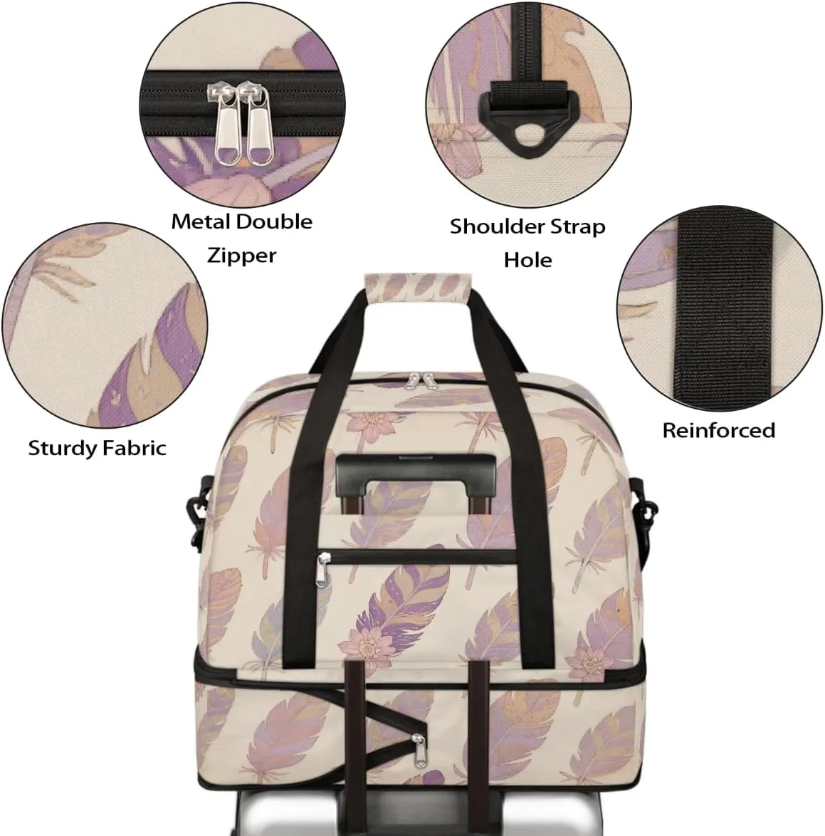 Sports Gym Bag Feather Retro Flower Large Travel Duffel Bag With Shoe Compartment Foldable Waterproof Carry-On Weekend Travel Bags for Camping Overnight Yoga Hospital Travel Bags
