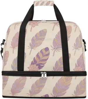Sports Gym Bag Feather Retro Flower Large Travel Duffel Bag With Shoe Compartment Foldable Waterproof Carry-On Weekend Travel Bags for Camping Overnight Yoga Hospital Travel Bags
