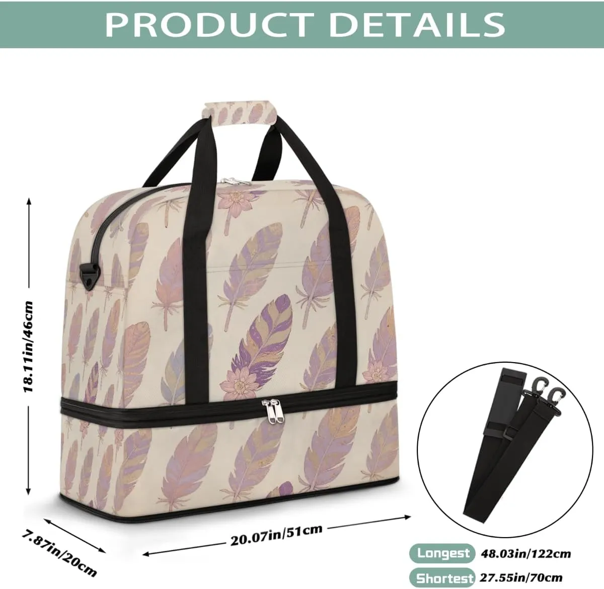 Sports Gym Bag Feather Retro Flower Large Travel Duffel Bag With Shoe Compartment Foldable Waterproof Carry-On Weekend Travel Bags for Camping Overnight Yoga Hospital Travel Bags