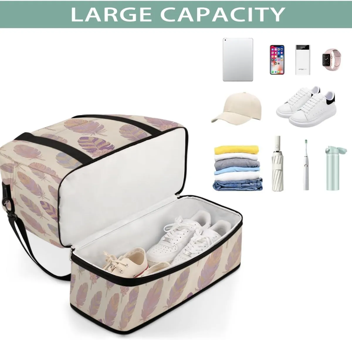 Sports Gym Bag Feather Retro Flower Large Travel Duffel Bag With Shoe Compartment Foldable Waterproof Carry-On Weekend Travel Bags for Camping Overnight Yoga Hospital Travel Bags