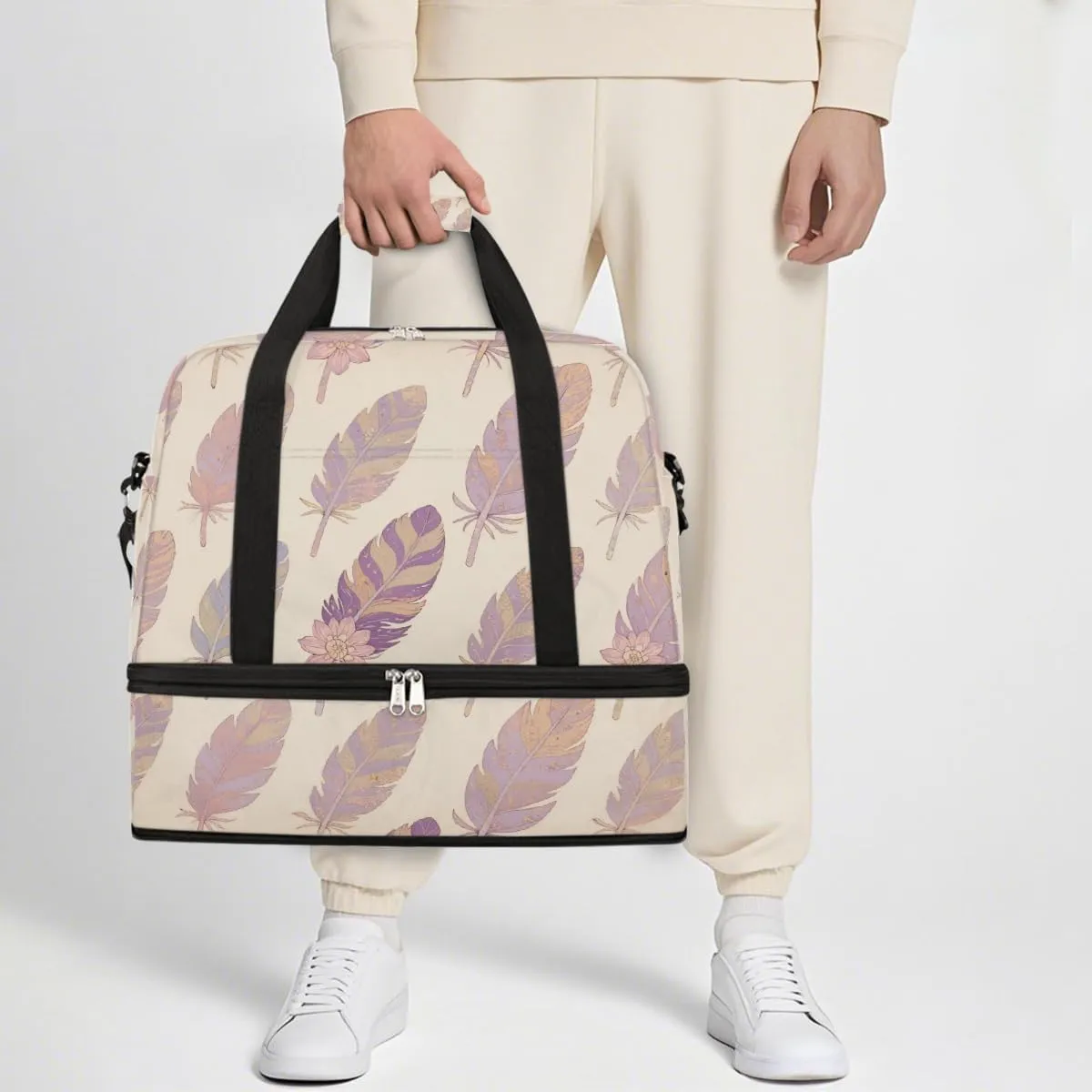 Sports Gym Bag Feather Retro Flower Large Travel Duffel Bag With Shoe Compartment Foldable Waterproof Carry-On Weekend Travel Bags for Camping Overnight Yoga Hospital Travel Bags