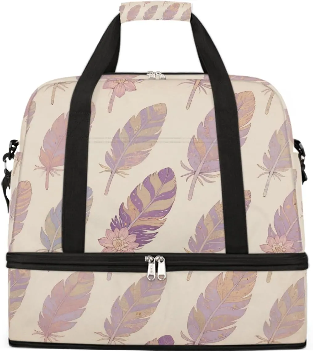 Sports Gym Bag Feather Retro Flower Large Travel Duffel Bag With Shoe Compartment Foldable Waterproof Carry-On Weekend Travel Bags for Camping Overnight Yoga Hospital Travel Bags
