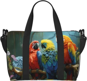 Sports Gym Bag for Women Men Travel Duffel Bag Tote Weekender Bag Carry on Overnight Bag for Travel Swimming Fitness Workout Sports Colorful Parrot Birds Feather Tree Branch Forest Duffle Bag