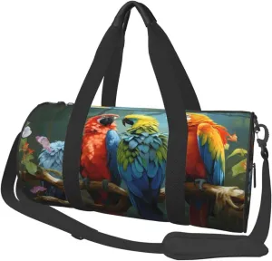 Sports Gym Bag for Women Men Travel Duffel Bag Tote Weekender Bag Carry on Overnight Bag for Travel Swimming Fitness Workout Sports Colorful Parrot Birds Feather Tree Branch Forest Duffle Bag