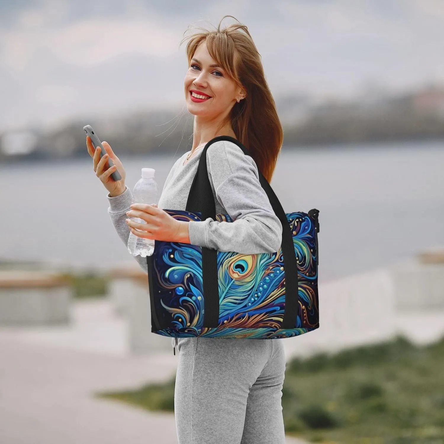 Sports Gym Bag for Women Men Travel Duffel Bag Tote Weekender Bag Carry on Overnight Bag for Travel Swimming Fitness Workout Sports Peacock feather art Duffle Bag