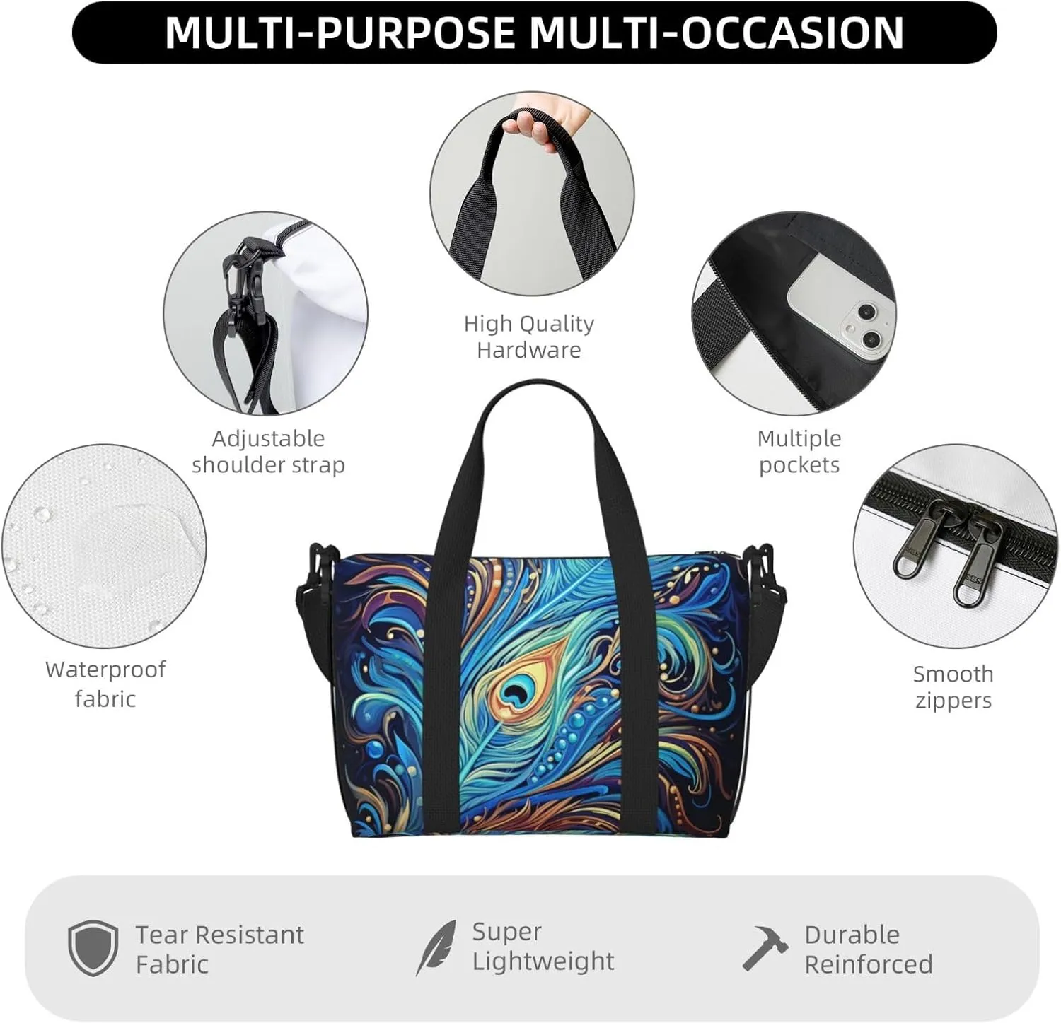 Sports Gym Bag for Women Men Travel Duffel Bag Tote Weekender Bag Carry on Overnight Bag for Travel Swimming Fitness Workout Sports Peacock feather art Duffle Bag