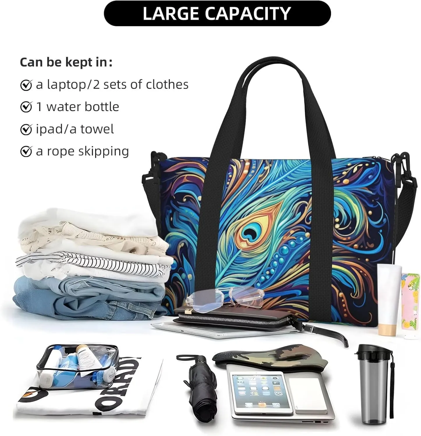 Sports Gym Bag for Women Men Travel Duffel Bag Tote Weekender Bag Carry on Overnight Bag for Travel Swimming Fitness Workout Sports Peacock feather art Duffle Bag