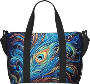 Sports Gym Bag for Women Men Travel Duffel Bag Tote Weekender Bag Carry on Overnight Bag for Travel Swimming Fitness Workout Sports Peacock feather art Duffle Bag