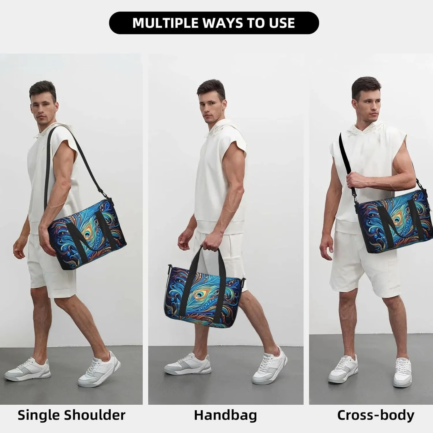 Sports Gym Bag for Women Men Travel Duffel Bag Tote Weekender Bag Carry on Overnight Bag for Travel Swimming Fitness Workout Sports Peacock feather art Duffle Bag