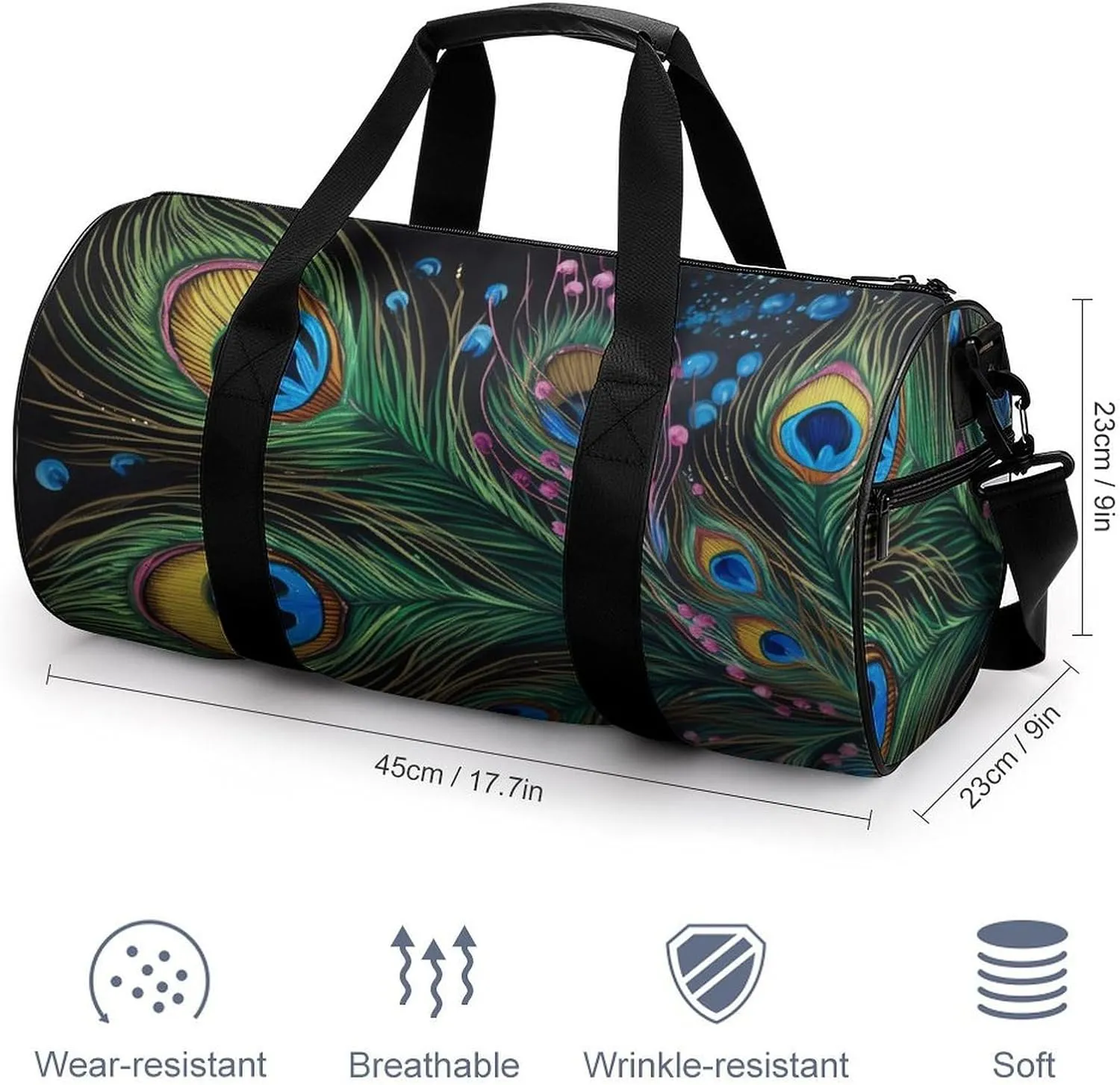 Sports Gym Bag for Women Men Travel Duffel Bag Tote Weekender Bag Peacock Feather Carry on Overnight Bag for Travel Swimming Fitness Workout Sports Duffle Bag