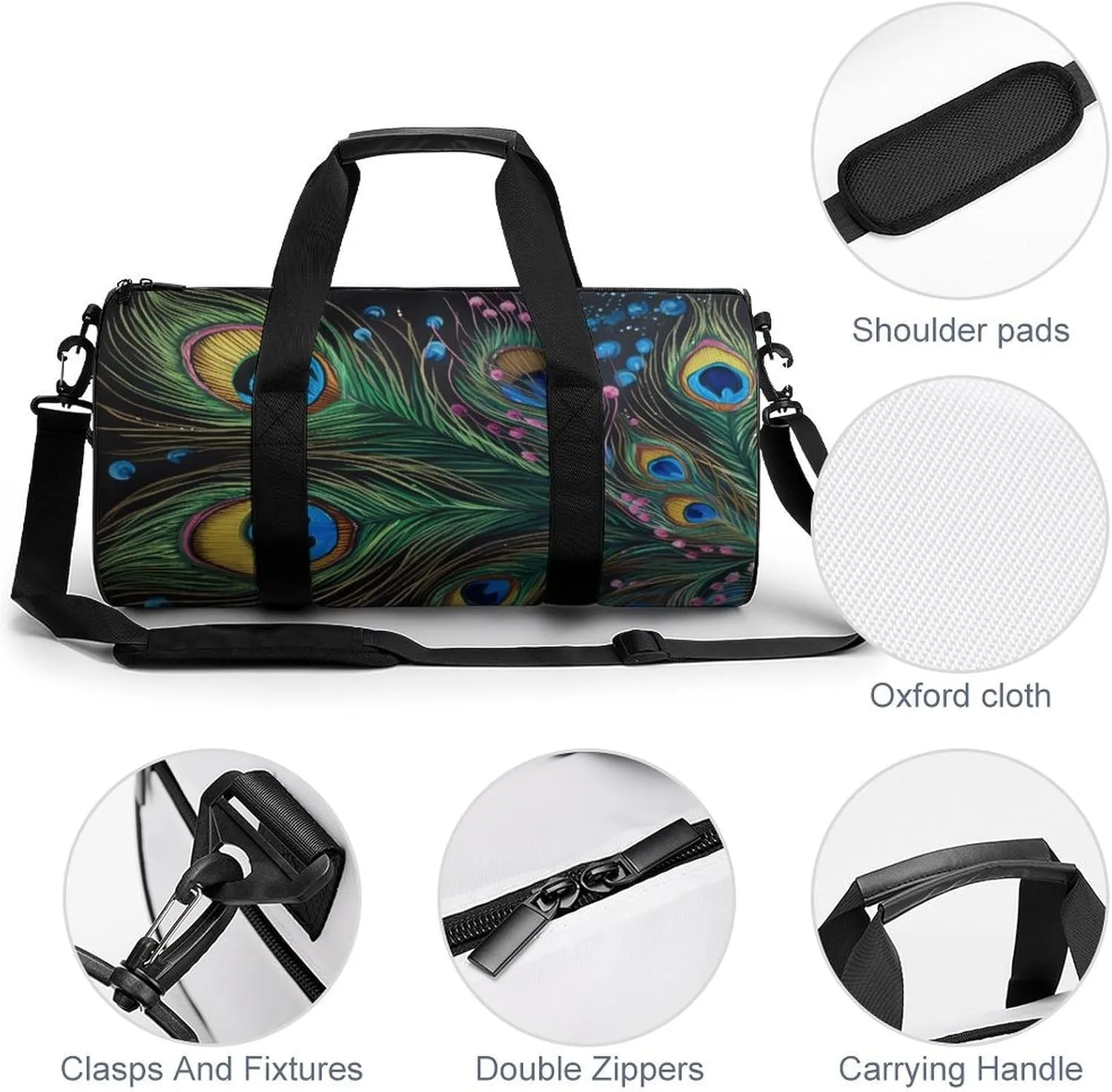 Sports Gym Bag for Women Men Travel Duffel Bag Tote Weekender Bag Peacock Feather Carry on Overnight Bag for Travel Swimming Fitness Workout Sports Duffle Bag