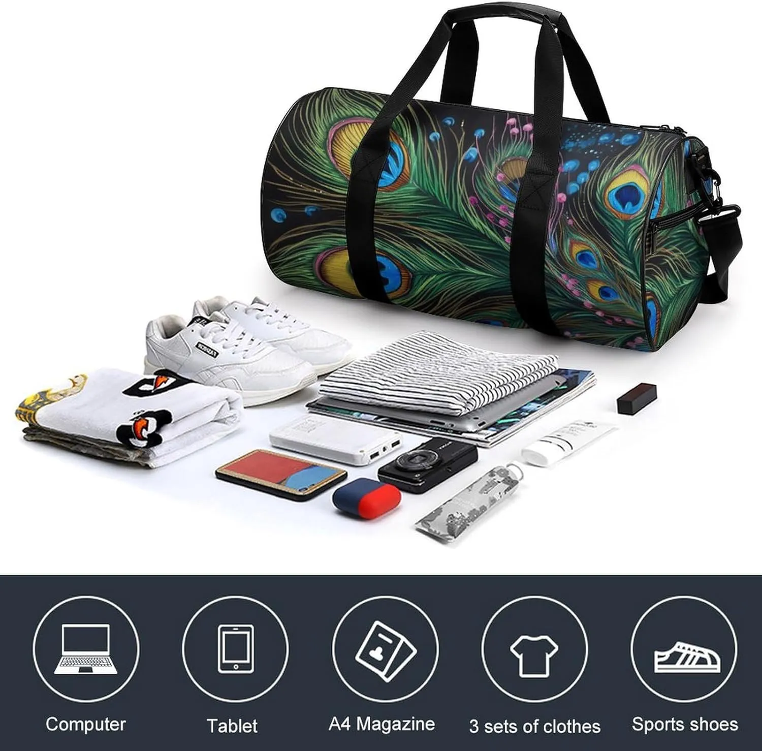Sports Gym Bag for Women Men Travel Duffel Bag Tote Weekender Bag Peacock Feather Carry on Overnight Bag for Travel Swimming Fitness Workout Sports Duffle Bag