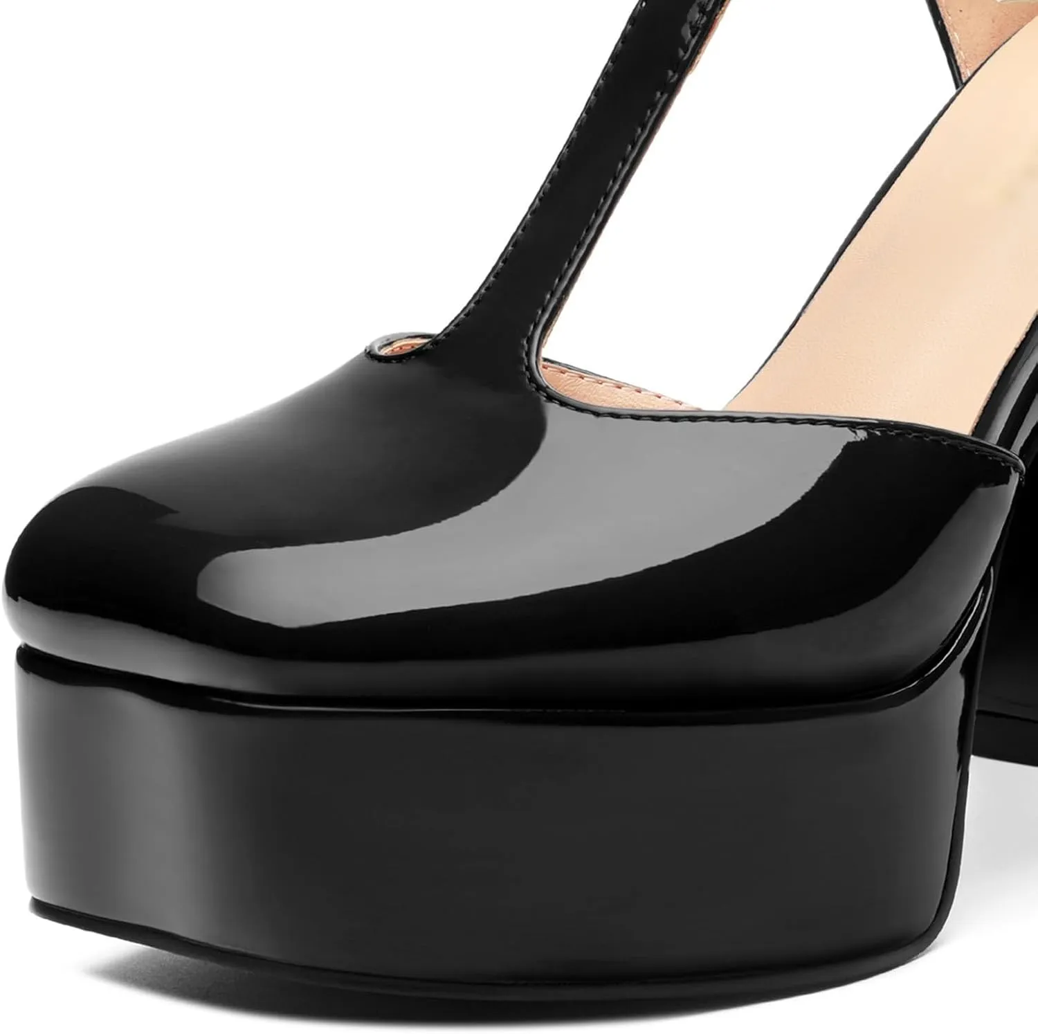 Square Toe High Heels Women's Shoes Pumps Patent Leather Thick Sole Thick Heel Hook-and-Loop Straps Height 10 Cm
