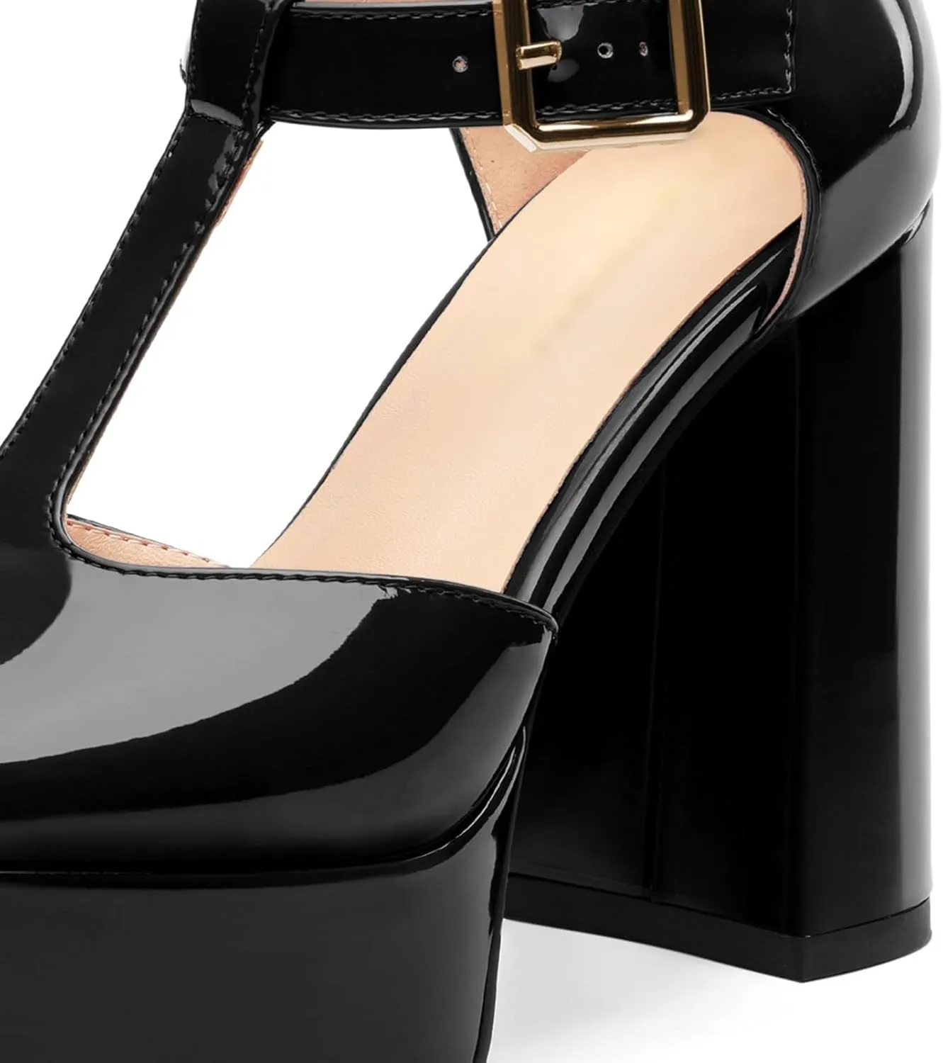 Square Toe High Heels Women's Shoes Pumps Patent Leather Thick Sole Thick Heel Hook-and-Loop Straps Height 10 Cm