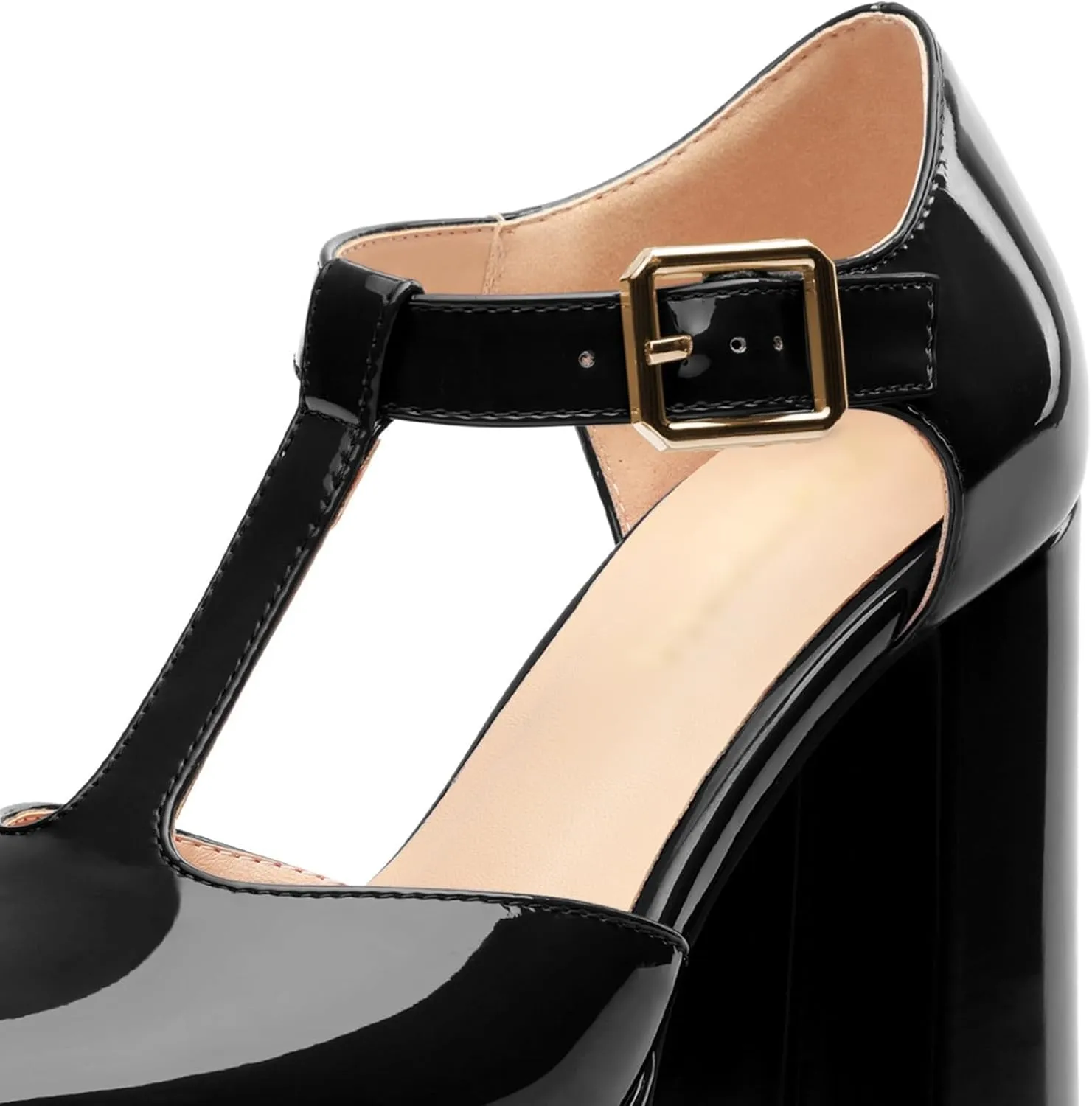 Square Toe High Heels Women's Shoes Pumps Patent Leather Thick Sole Thick Heel Hook-and-Loop Straps Height 10 Cm
