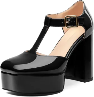 Square Toe High Heels Women's Shoes Pumps Patent Leather Thick Sole Thick Heel Hook-and-Loop Straps Height 10 Cm