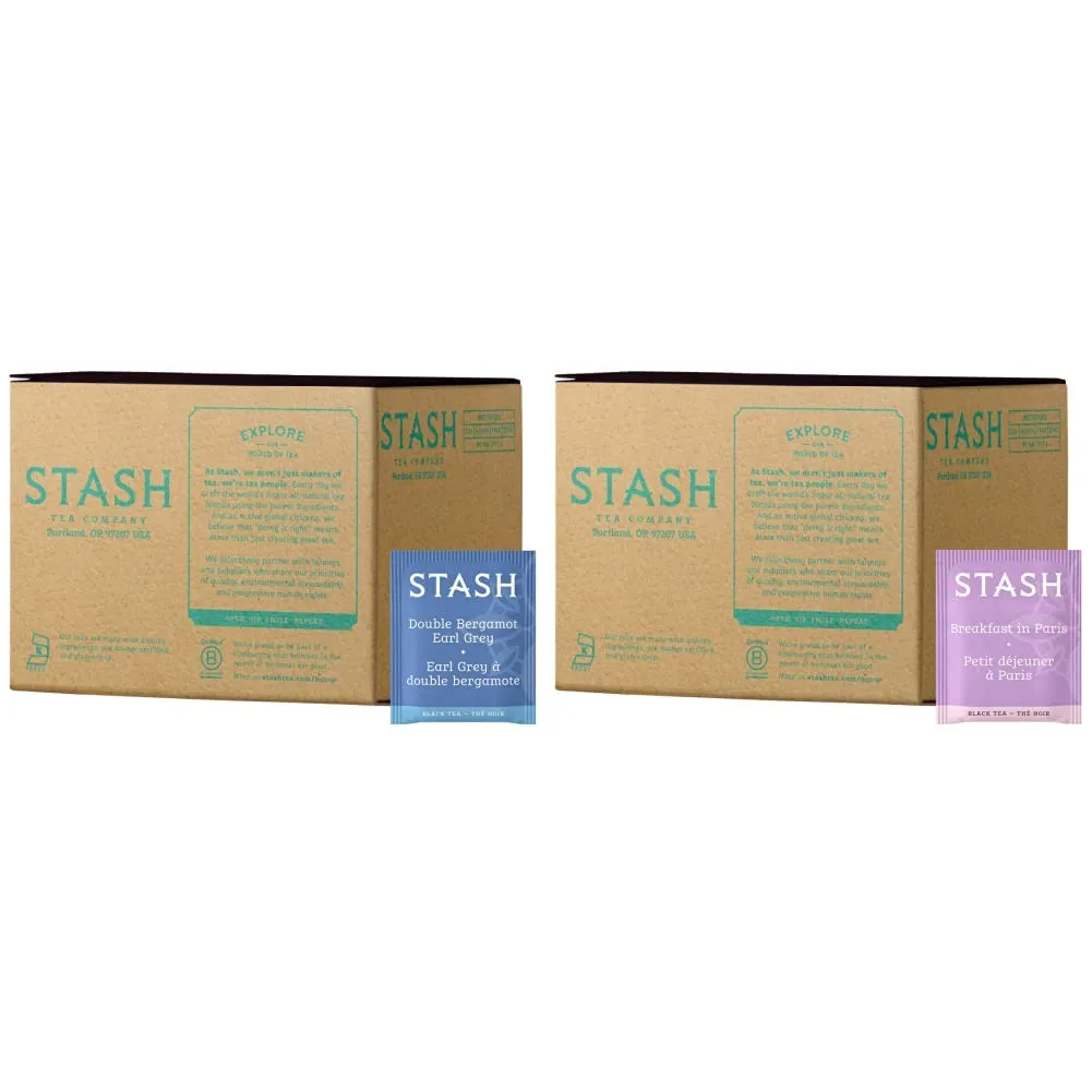 Stash Tea Double Bergamot Earl Grey Tea 100 Count Box of Tea Bags & Tea Breakfast in Paris Black Tea, 100 Count Box of Tea Bags in Foil Individual Black Tea Bags for Use in Teapots Mugs or Cups