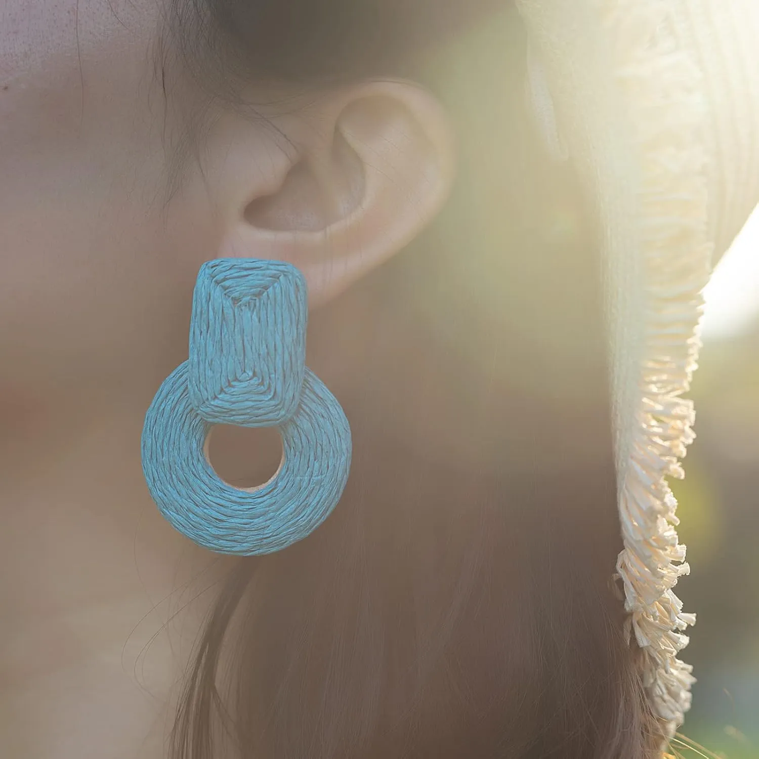 Statement Boho Rattan Dangle Earrings - Handmade Straw Wrap Summer Drop Dangling Earrings for Women