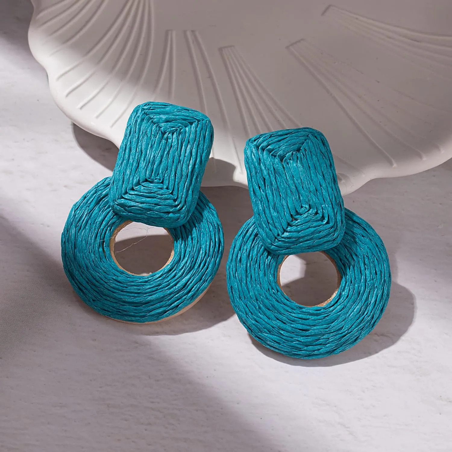 Statement Boho Rattan Dangle Earrings - Handmade Straw Wrap Summer Drop Dangling Earrings for Women