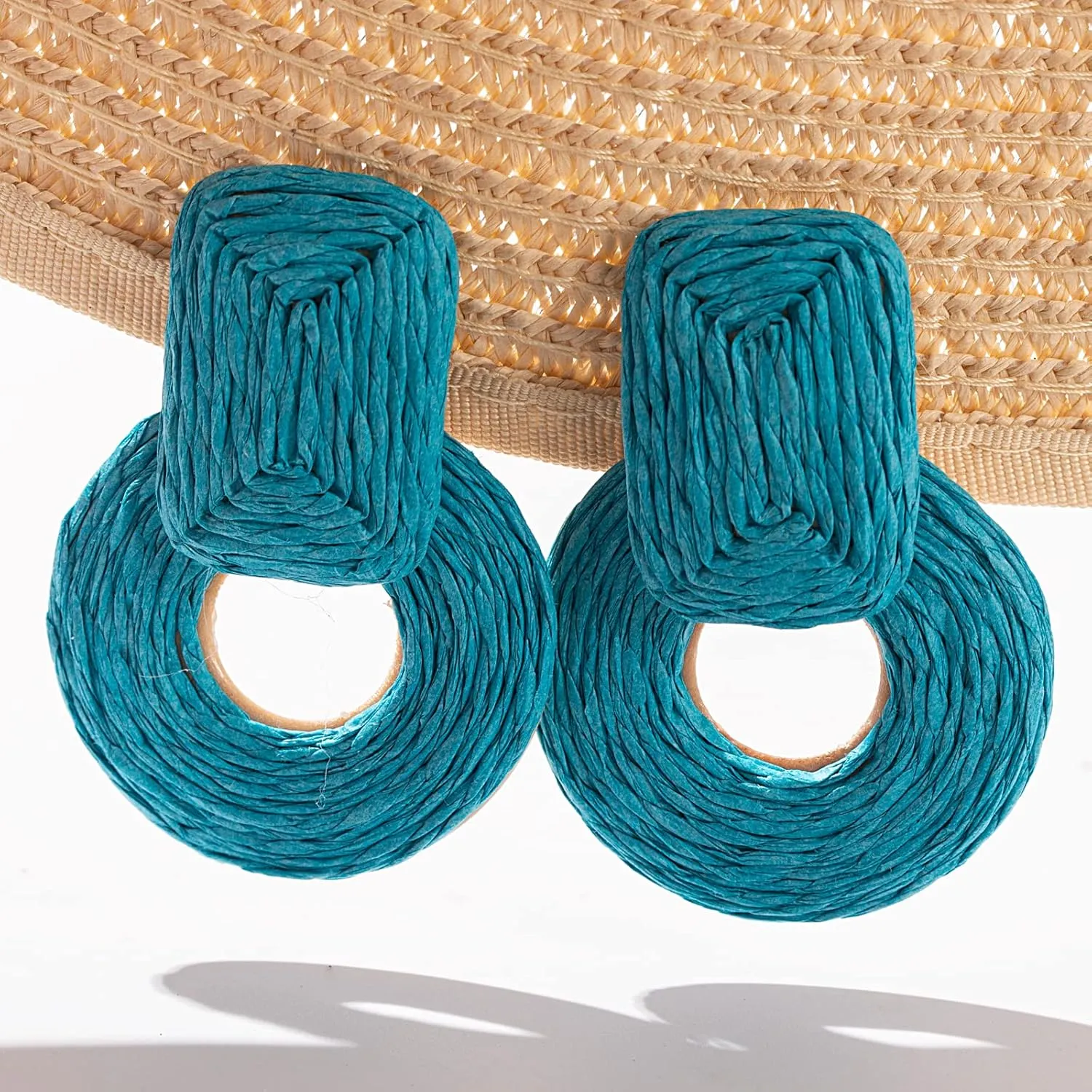 Statement Boho Rattan Dangle Earrings - Handmade Straw Wrap Summer Drop Dangling Earrings for Women