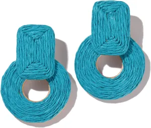 Statement Boho Rattan Dangle Earrings - Handmade Straw Wrap Summer Drop Dangling Earrings for Women