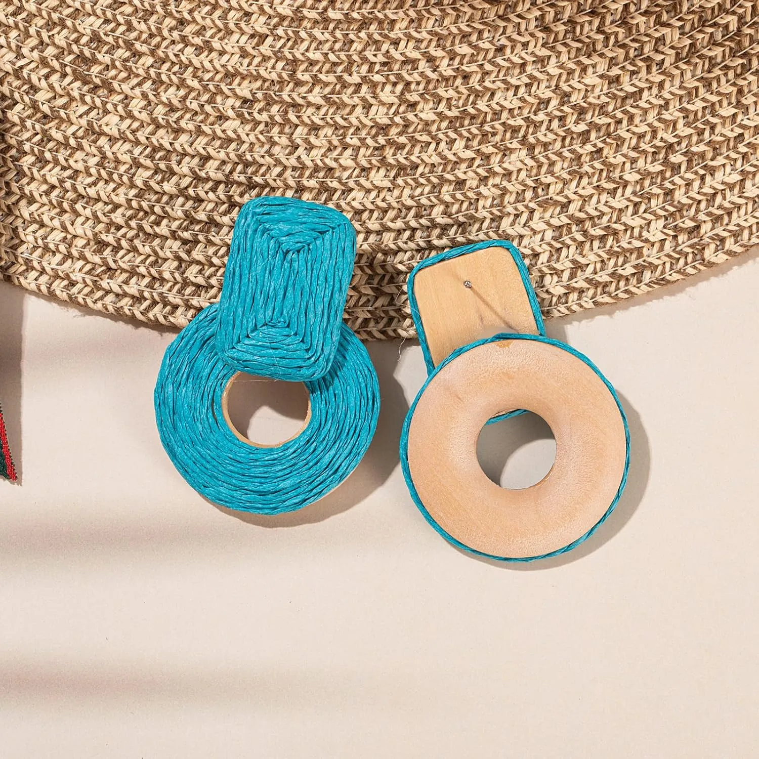 Statement Boho Rattan Dangle Earrings - Handmade Straw Wrap Summer Drop Dangling Earrings for Women