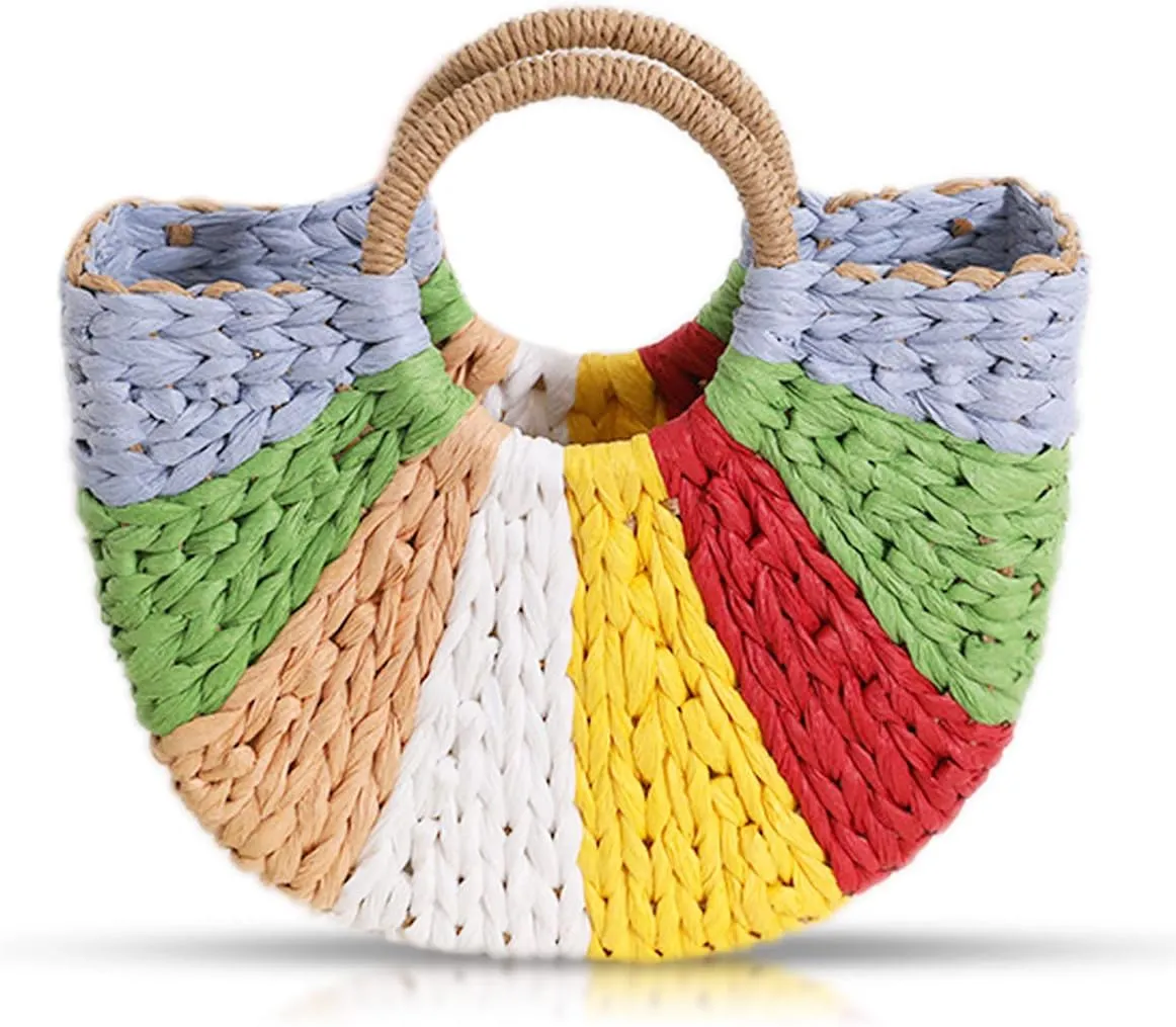 Straw Bag, Beach Bag for Woman, Bohemian Hand-Woven Handbags, Semi-circular Color Tote Bag, Straw Beach Bag Suitable for Picnic, Travel, Daily Matching