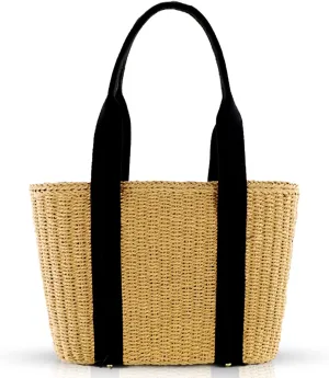Straw Bag, Beach Bags for Women, Woven Hand Bag, Padded Canvas Paneled Shoulder Straps, Simple Large Handmade Shoulder Bags Suitable for Vacation Travel Daily (Khaki)