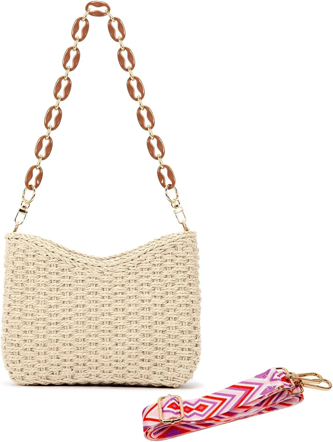 Straw Bag for Women, Lightweight Woven Straw Shoulder Bag, Summer Handmade Beach Tote with Chain, Eco-Friendly Vacation Purse