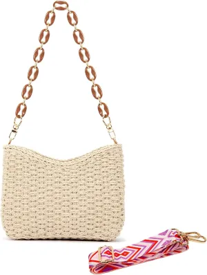Straw Bag for Women, Lightweight Woven Straw Shoulder Bag, Summer Handmade Beach Tote with Chain, Eco-Friendly Vacation Purse