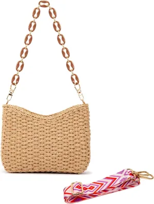 Straw Bag for Women, Lightweight Woven Straw Shoulder Bag, Summer Handmade Beach Tote with Chain, Eco-Friendly Vacation Purse