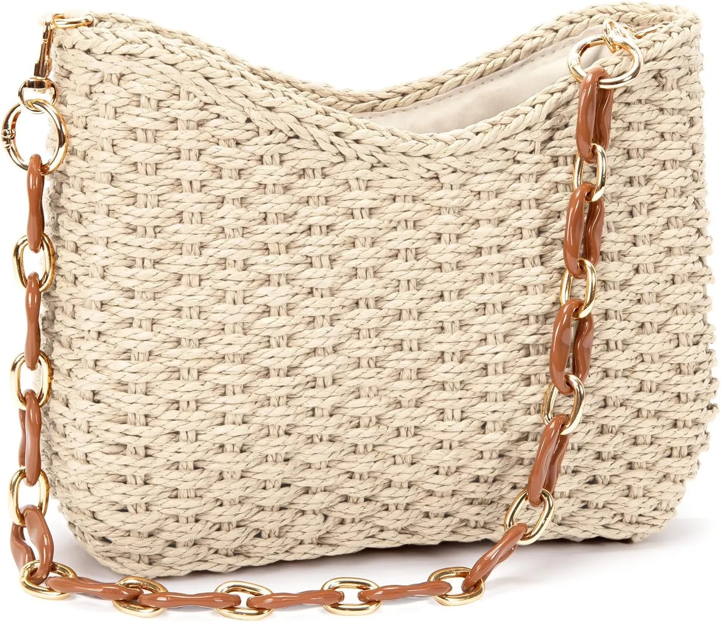 Straw Bag for Women, Lightweight Woven Straw Shoulder Bag, Summer Handmade Beach Tote with Chain, Eco-Friendly Vacation Purse